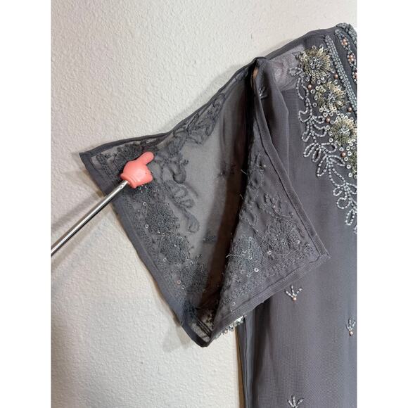 Sundance beaded tunic sheer gray short split sleeves beaded neck cuffs hem Sz S - Picture 5 of 11